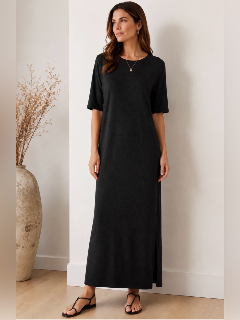 Colette Mordo Heather Black Merino Wool Blend Maxi Sweater Dress Minimalist Sz L